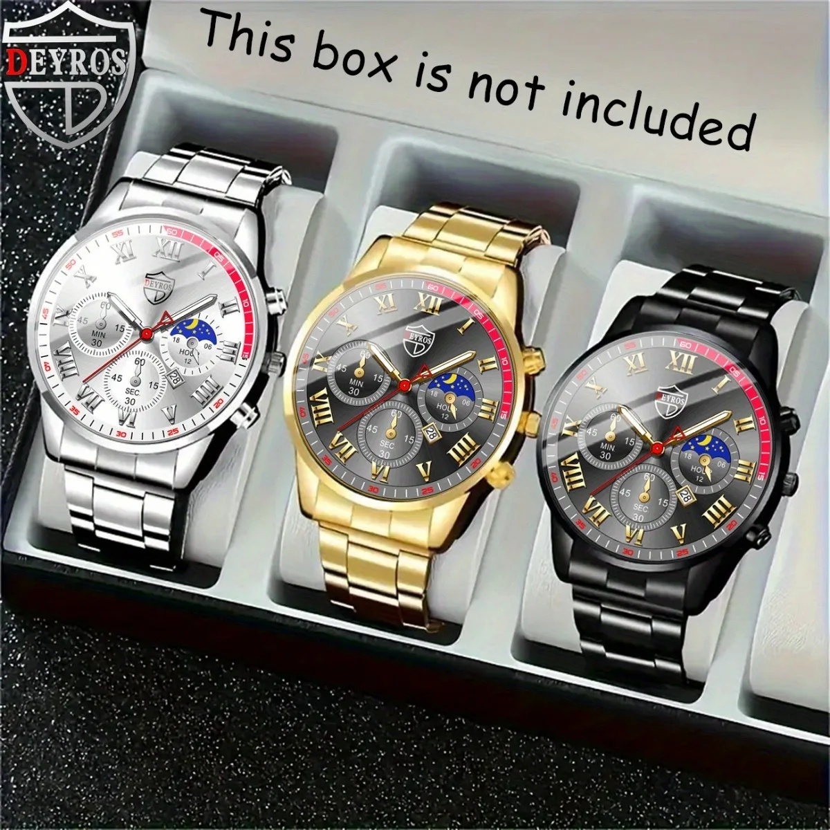 

DEYROS комплект из 3 предметов, стильные мужские повседневные деловые кварцевые часы, круглые, идеальный подарок на день рождения для школьного сезона