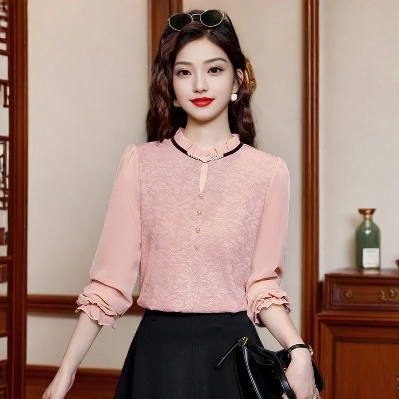 

2025 Women's Spring and Autumn New Style Stitched Stand-up Collar Button Fashion Solid Color Hollow Slim Long-sleeved Top