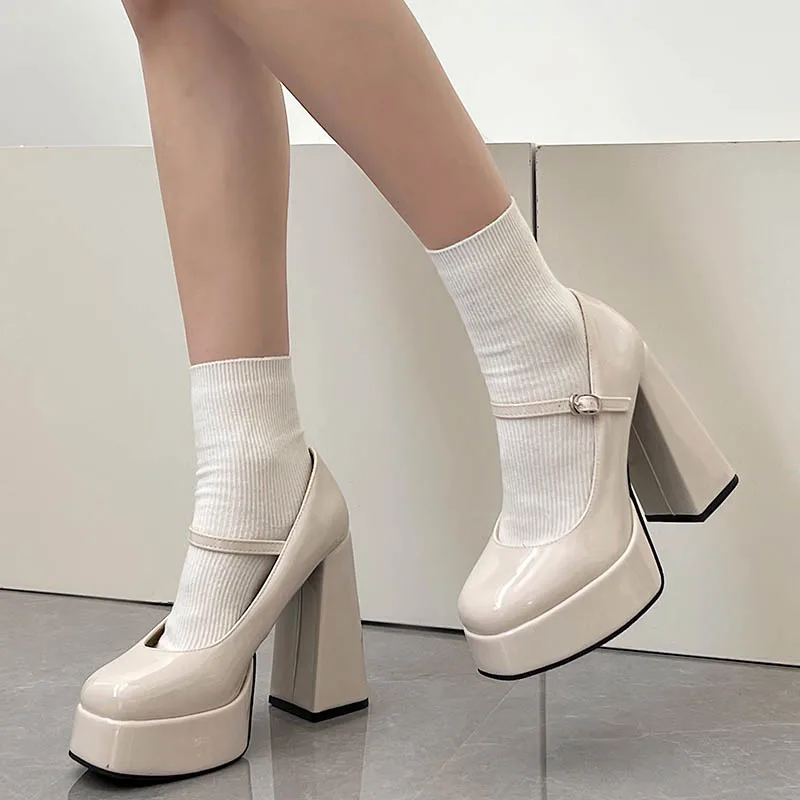 2024 New Beige Platform Pumps Women Super High Heels Buckle Strap Mary Jane Shoes Woman Hepburn style Thick Heel Party Shoes