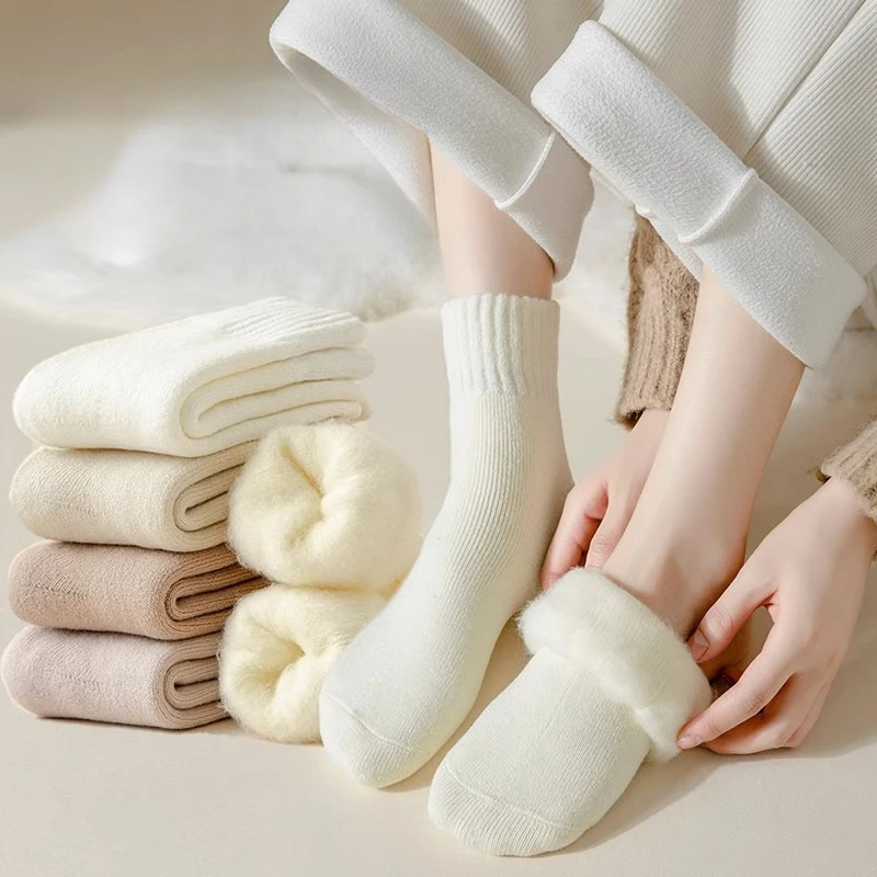 7 Pairs Thick Fleece Warm Home Floor Brushed Socks Female Pure Color Casual White Fuzzy Hot Socks for Women Cozy Thermal Socks
