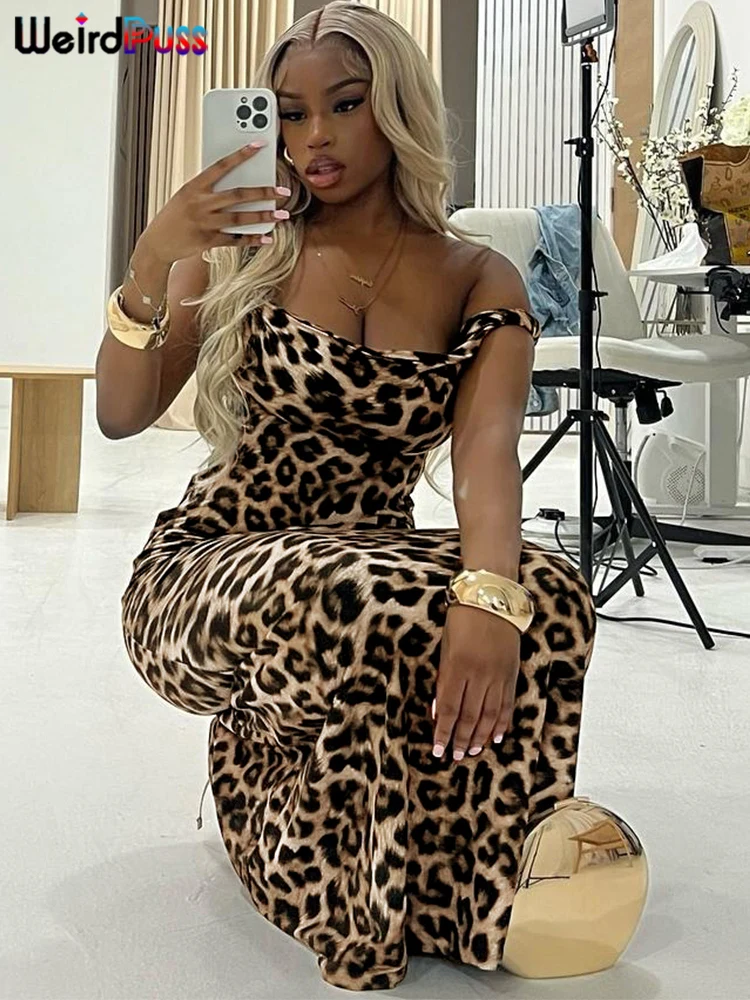 Weird Puss Leopard Print Dress Women Square Collar Sleeveless Skinny Stretch Robe Street Wild Trend Classic Long Bodycon Outfits