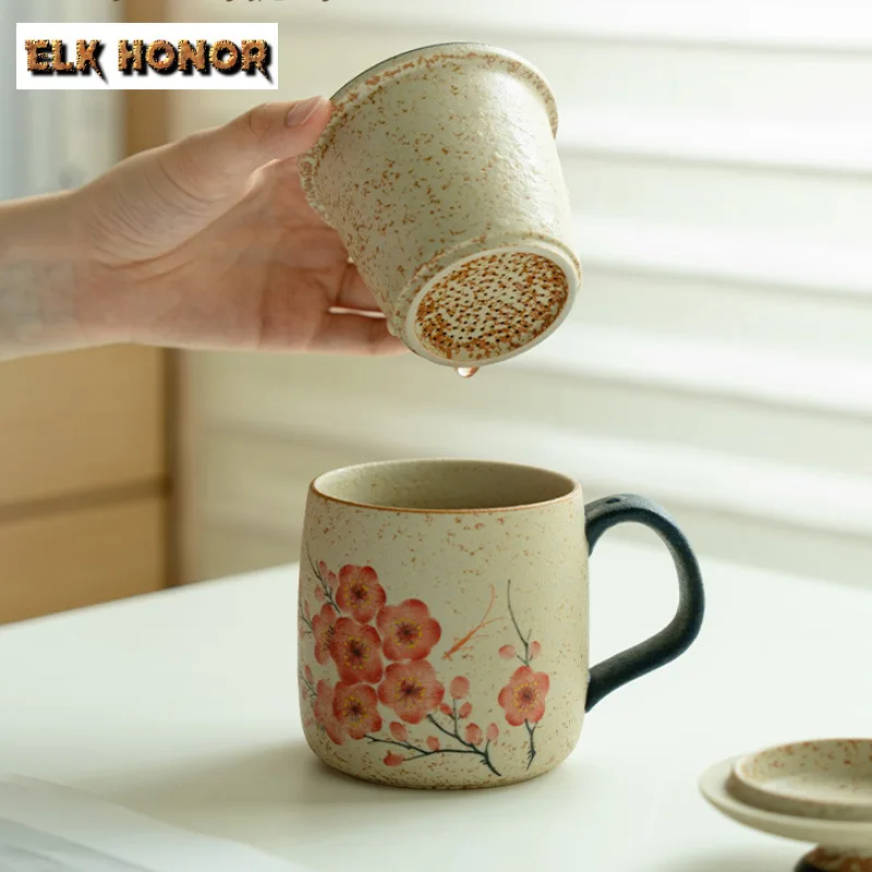 430ml Hand-painted Plum Blossom Filter Tea Separator Cup Handmade Tea Mug With Infuser Tea Maker Office Water Cup Drinkware Gift