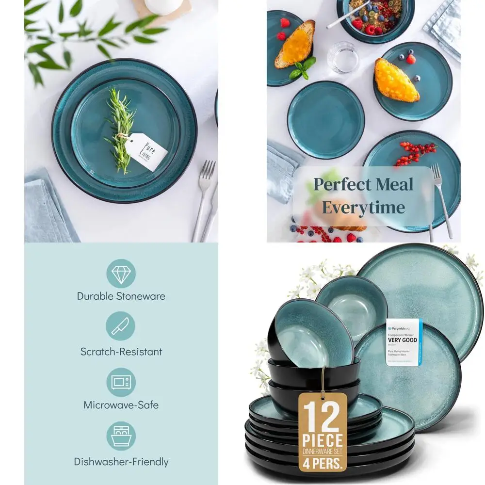 

4-Person Stoneware Dinnerware Set: 12-Piece Black & Petrol Blue Plates and Bowls - Dishwasher and Scratch-Resistant