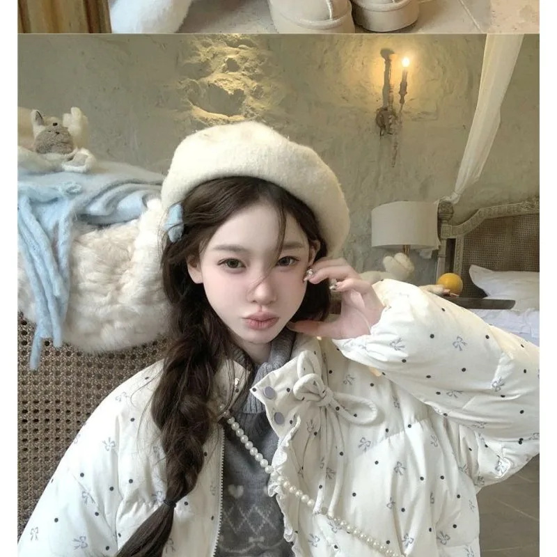 Women's Autumn Winter Outerwear Tops Cotton Breaded Clothes Bow Crushed Flower Outerwear Design Luxury Brand Simple Fashion