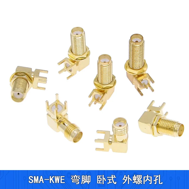Right-angle SMA-KWE female RF connector: bent pin, inner thread, 14-23mm horizontal mount for PCB welding