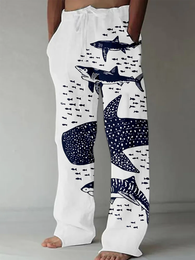 Pantalones de fregona rectos sueltos de verano transfronterizos, pantalones de playa con cordón en la cintura elástica, pantalones con estampado 3D de patrón hawaiano para hombre