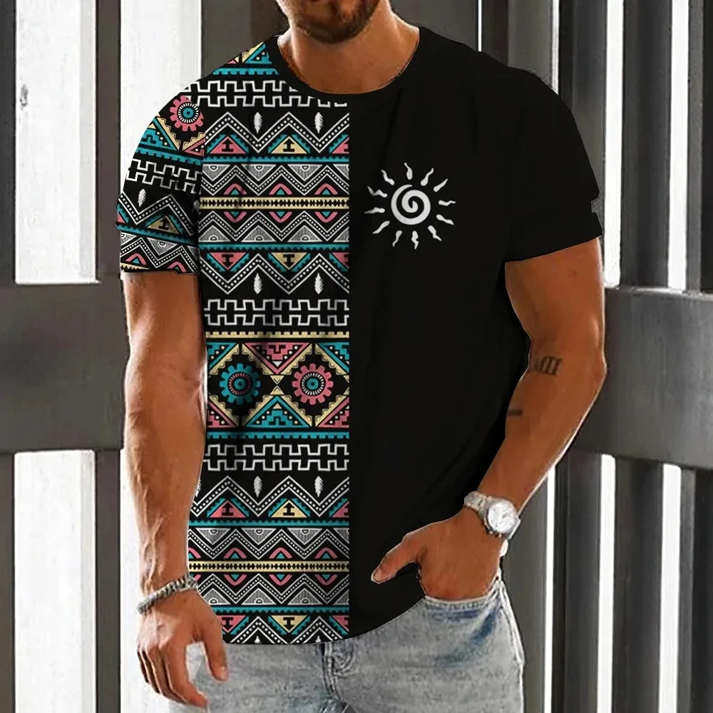 Men\'s T-shirt ethnic print casual short sleeved summer round neck street outfit retro men\'s loose fitting sports shirt