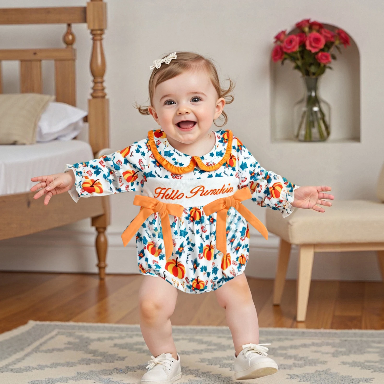 

Baby Clothing Girls Halloween Clothes Romper Long Sleeve Pumpkin Print Loose Bow Playsuit Jumpsuit Newborn Clothes