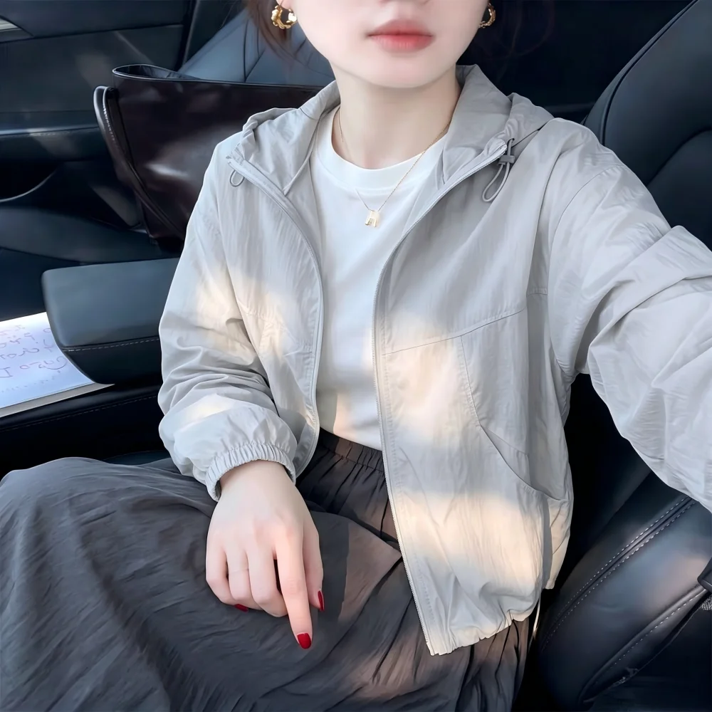 Outdoor Women's Light Jacket Summer New Hat Integrated Pure Color Sun Protection Clothing Casual Versatile Thin Outerwear