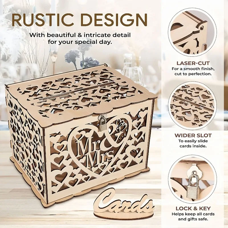 DIY خشبية السيد والسيدة. صندوق هدايا الزفاف - حامل بطاقات متعدد الوظائف مع فتحة نقود لتخزين الحروف وكتاب الضيوف لحفلات الزفاف