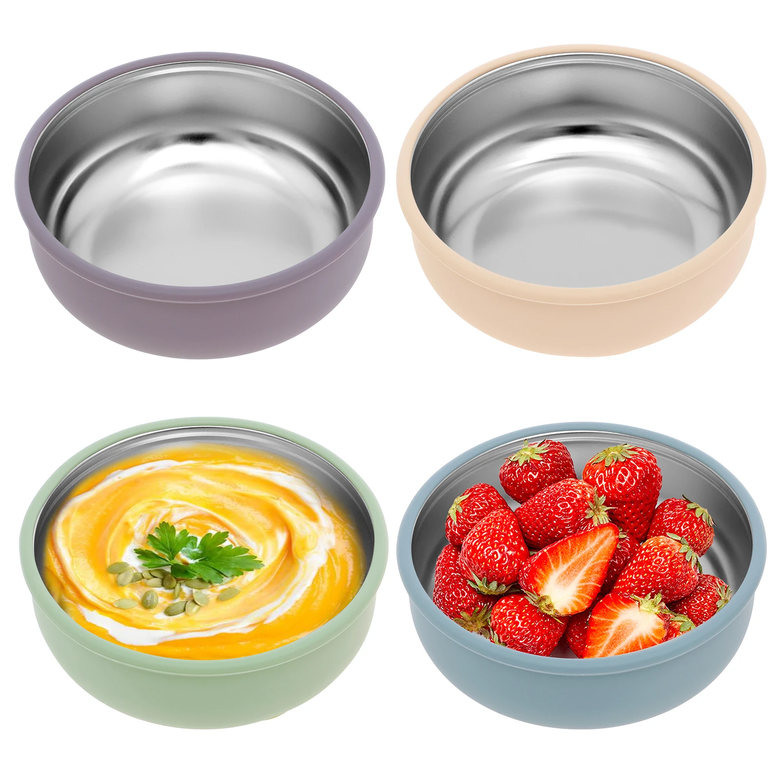 

4 Pcs 304 Stainless Steel Baby Bowl with Removable Silicone Shell Nonslip Baby Food Bowl with Suction for Toddlers 4 Colors Set