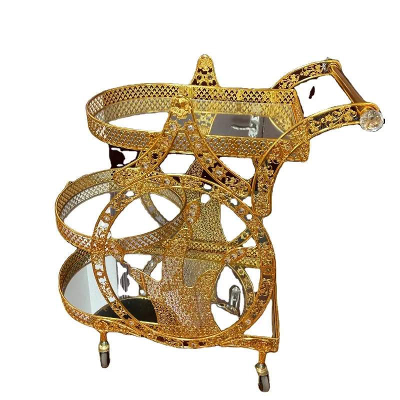 Italian Luxury Dining Cart Medieval Design Art Gold Trolley Cart for Hotels Family Banquets Living Room Kitchen