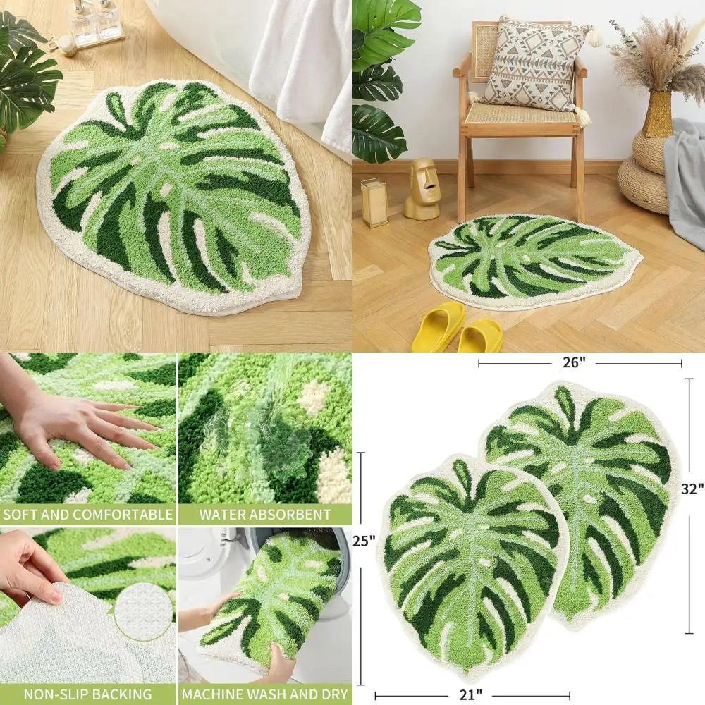 

2-Piece GreenLeaf Bath Rug Set: Non-Slip Monstera Plant-Shaped Plush Mats, Soft & Absorbent Washable Floor Mats for Shower & Bat