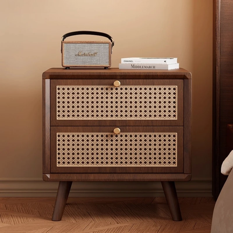 طاولة بجانب السرير من خشب الجوز لغرفة النوم منضدة من الخشب الصلب مع أدراج منسوجة من الخيزران وطاولة نهاية بسيطة وخزانة تخزين ذات درجين #4