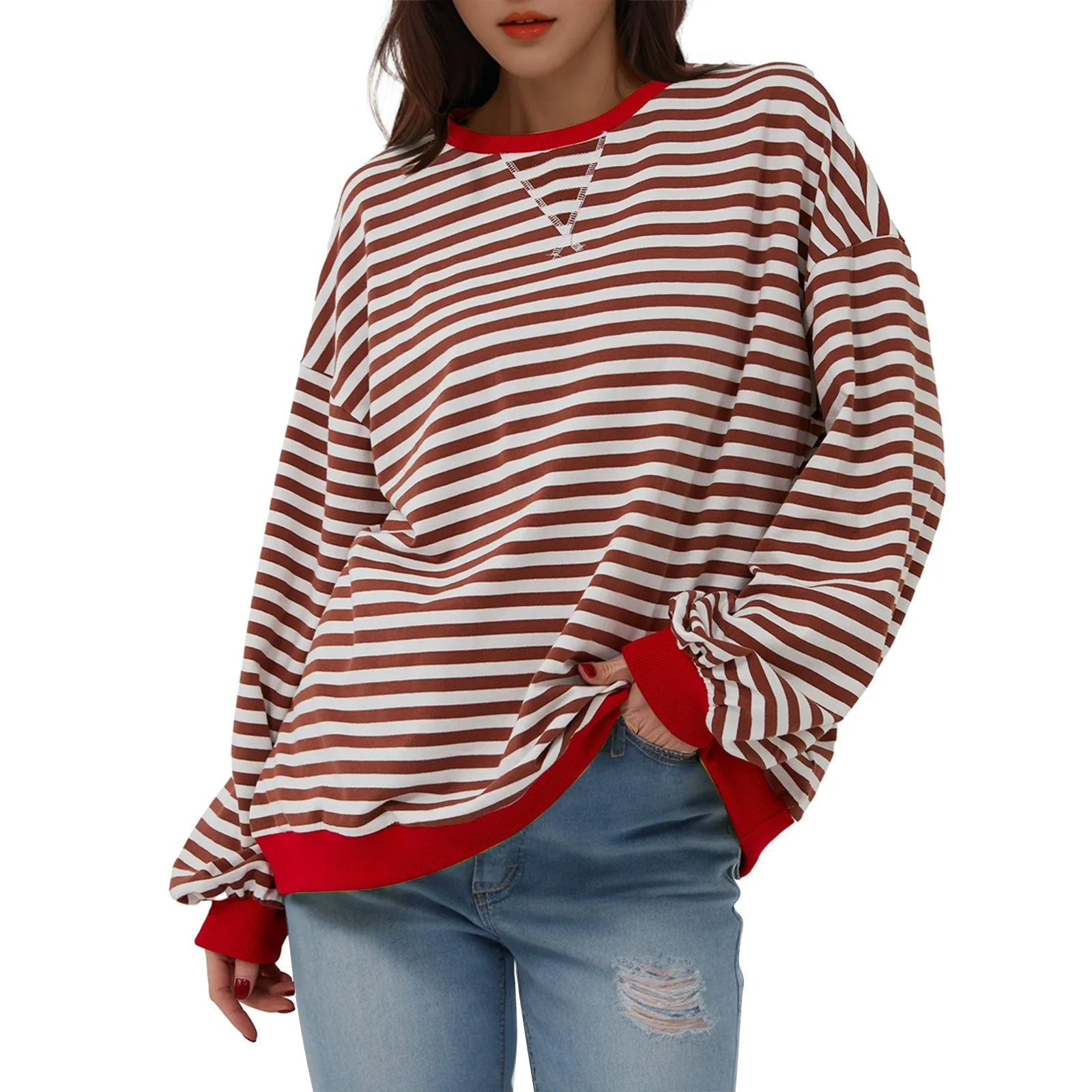 Korean Style Contrast Color Simple Striped T-shirt for Women 2024 Spring Long Sleeve Women\'s Oversize T-shirt Long Sleeve Tops