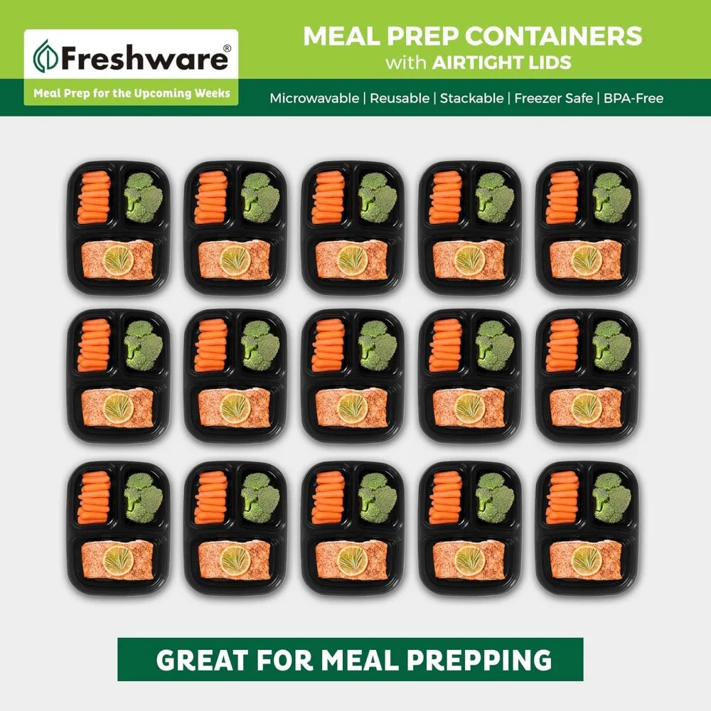 Meal Prep Containers [150 Pack] 3 Compartment with Lids, Food Storage Containers, Bento Box, BPA Free, Stackable