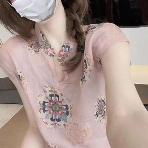 

New Chinese Sle Women's ort Sve irt V-Ne Button up Summer Floral Print Loose Fit Anti-Uv Lightweight Polyester