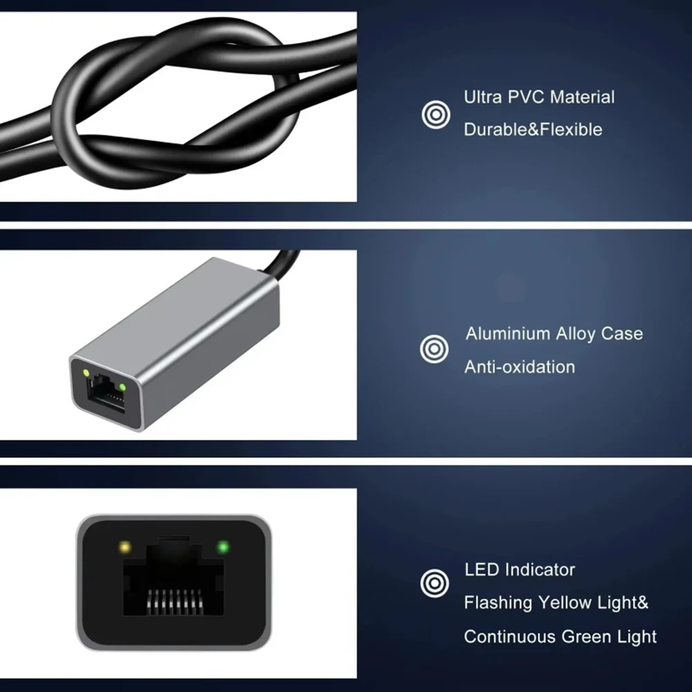 Dongle Jaringan 1000Mbps Desain Anti Selip Kartu Jaringan Adaptor Lan Jaringan Cangkang Aluminium untuk Kabel Internet