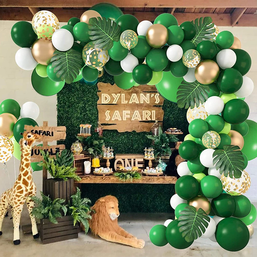 Jungle Animal Party Ballons Garland Arch Kit Green Gold Confetti Balloon Baby Shower Party Birthday Wild One Leaves Decor Globos