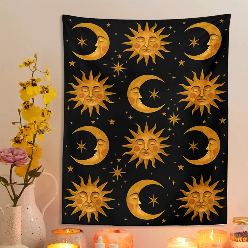 Sun Moon Tapestry Wall Hanging Tarot Mandala Black Astrology divinazione copriletto tappetino da spiaggia Hippie tappeti da parete coperta per