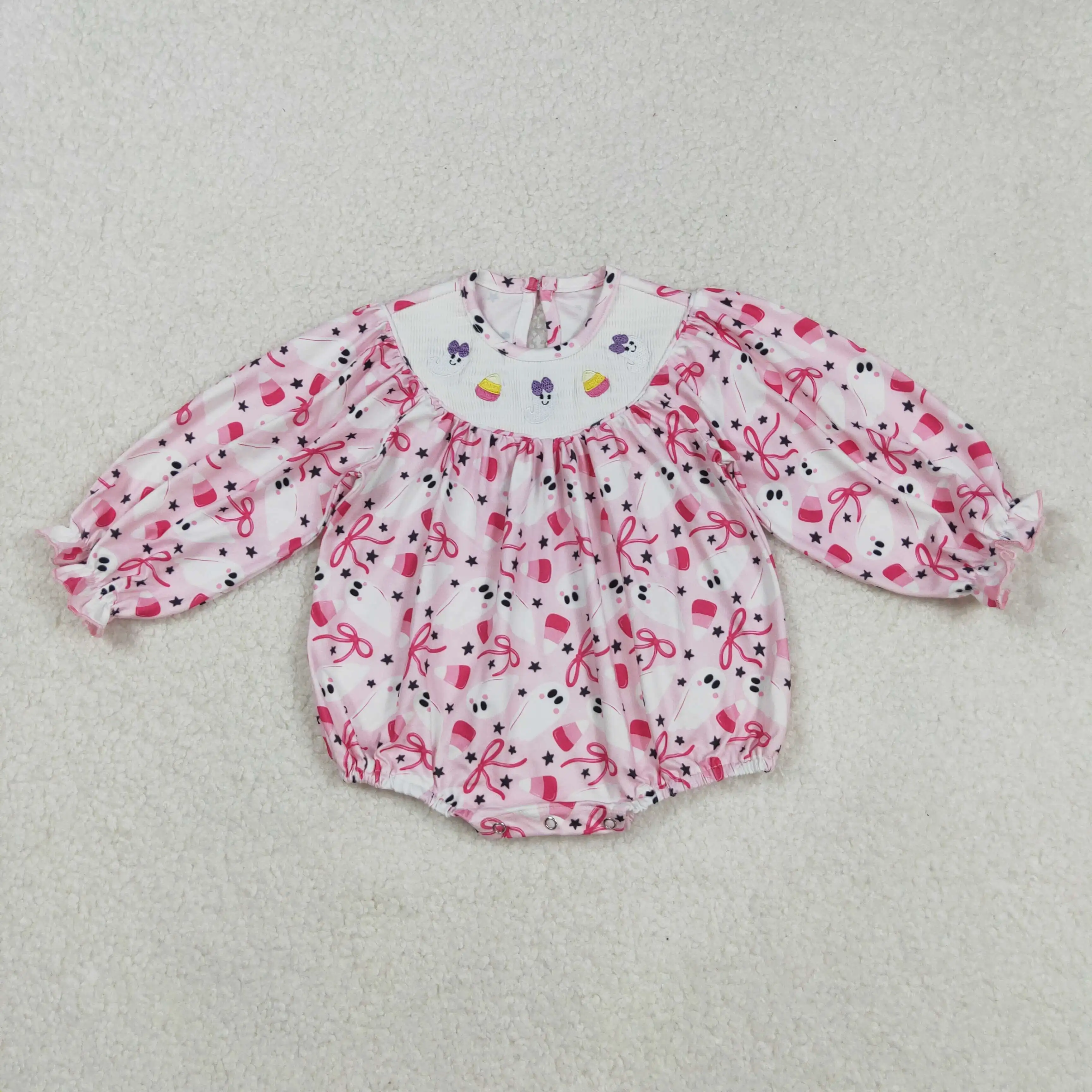 8.29y感謝祭の女の赤ちゃんロンパース卸売スモック刺繍七面鳥ピンクの花と葉長袖ロンパース