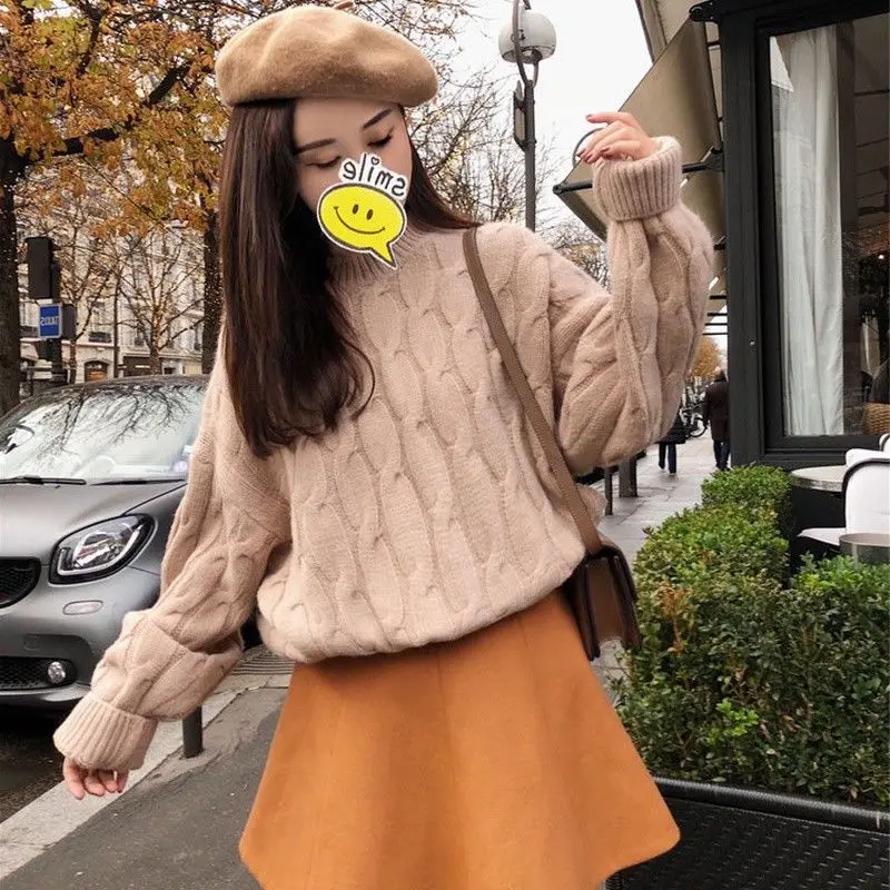 Fashion O-Neck Loose Solid Color Knitted Sweater Female Clothing 2023 Winter New Casual Pullovers Korean Tops
