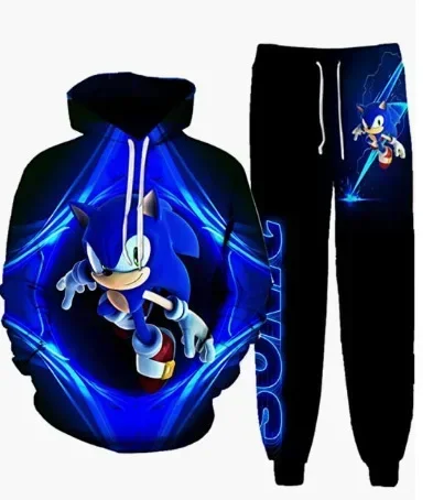 Cartoon Sonic Print Couple Outfit Fashionable Hooded Sweatshirt European and American Large Size Cool Sports Leg Pants Set