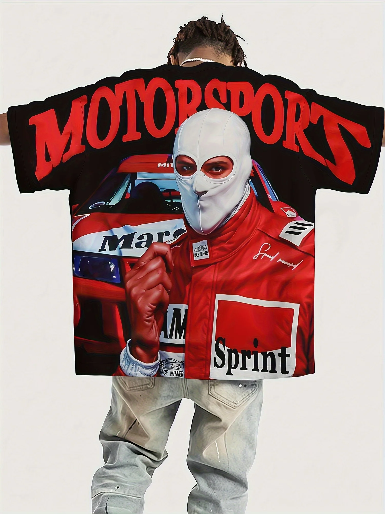 Camiseta de carreras de deportes de motor para hombre, camiseta ligera y transpirable, color negro con traje de carreras rojo, ropa de calle informal con gráfico para eventos de carreras