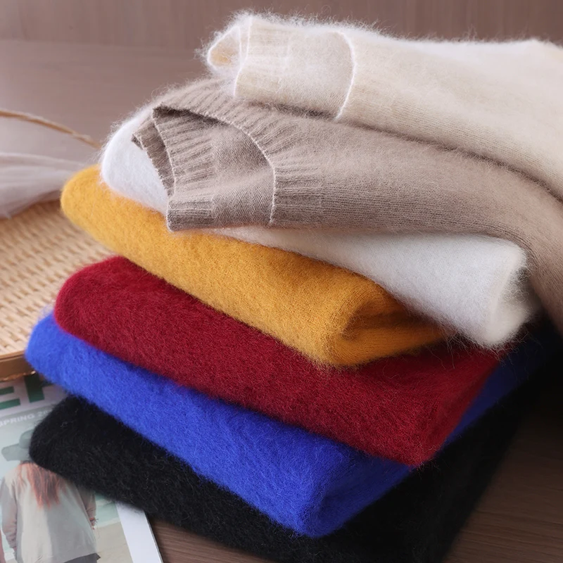 الخريف الشتاء الخط الأول الملابس المنك سترة الكشمير المعنقة فضفاضة المرأة الجولة الرقبة البلوز مع بلون الصوف محبوك سترة #3