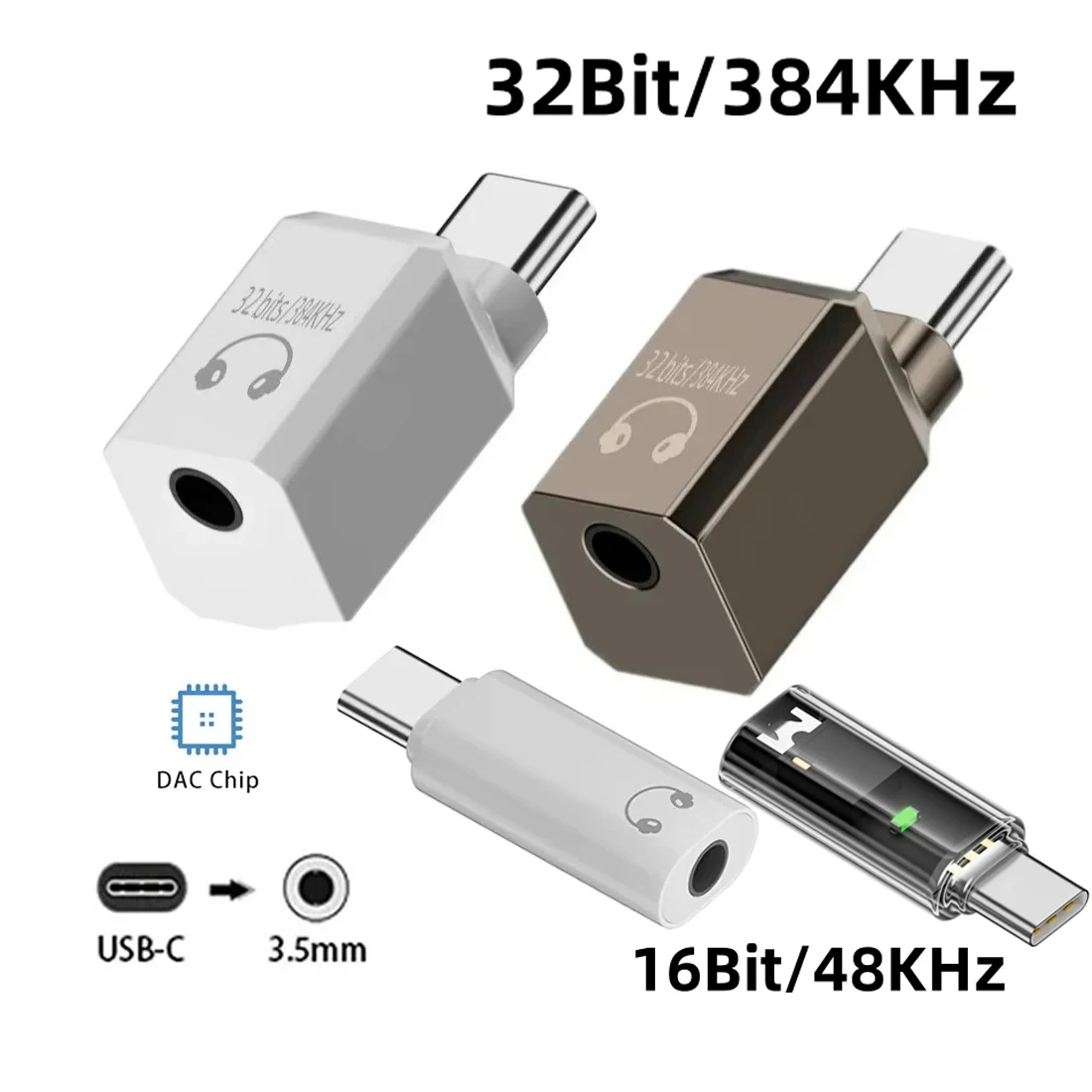 USB C Headphone Jack Converter Type-C to 3.5mm Amp DAC 32Bit/384KHz Hi-Res Audio Adaptar Digital Decoding Chip for Mobile Phone