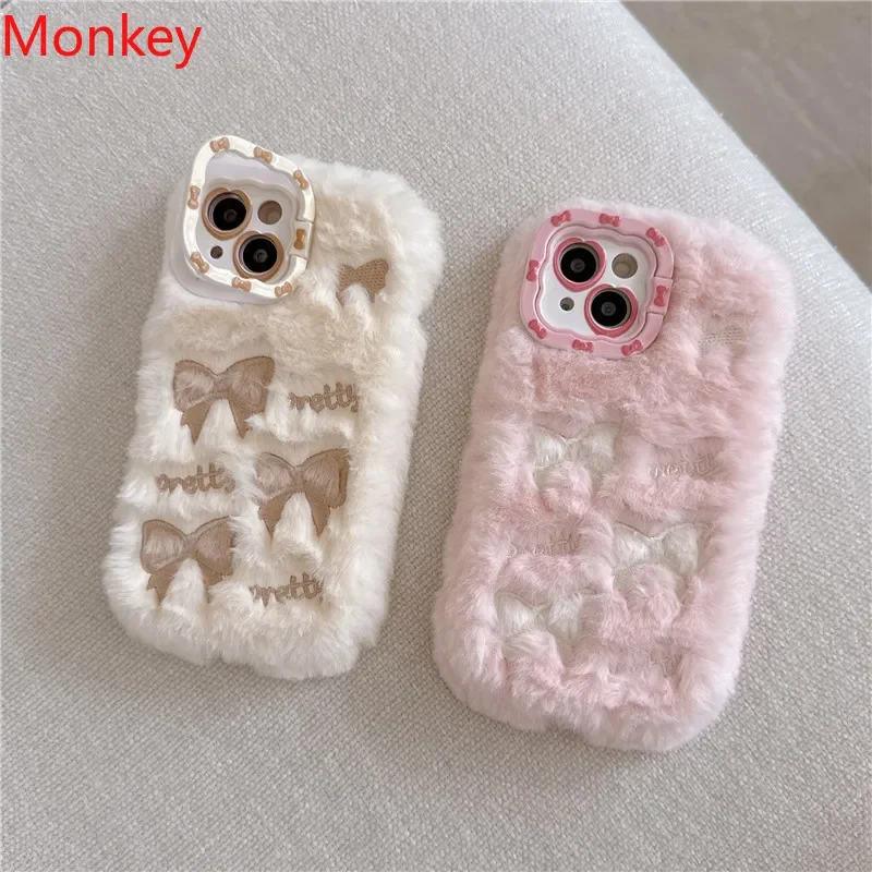 Plush Embroidered Pink Bow Camera Lens Phone Holder Case For iPhone 16 Plus 15 14 Pro Max 13 12 11 Fluffy Hairy Soft Back Cover