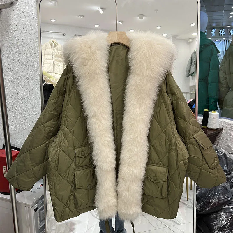 

Winter Women Large Real Fox Fur Collar 90% White Duck Down Jacket Female Loose Style Puffer Coat Warm Snow Parkas 2023