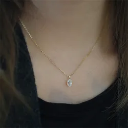 925 Sterling Silver 14k Gold Plated Necklace Korean Vintage White Green Zircon Oval Pendant Clavicle Chain for Women Jewelry