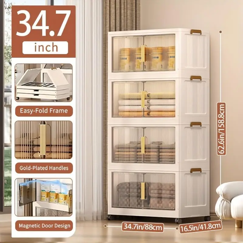 

Storage Bins with Lids, 4 Tier 480 QT Stackable Plastic Storage Bins, Foldable Storages Boxes with Magnetic Doors and Wheels for