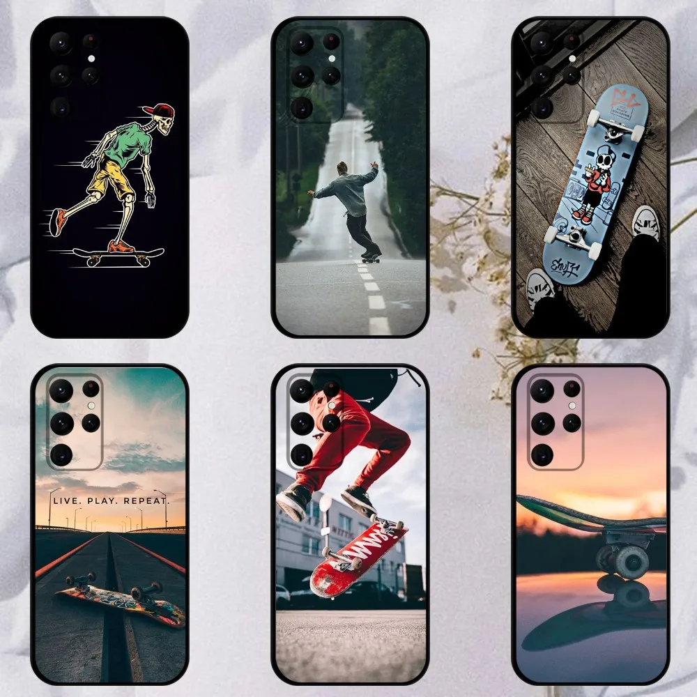 Cool Skateboard Phone Case For Samsung S23,23,22,30,21,10,9,Note20 Ultra,Lite,Ultra,5G,Plus,FE,Black Soft Case