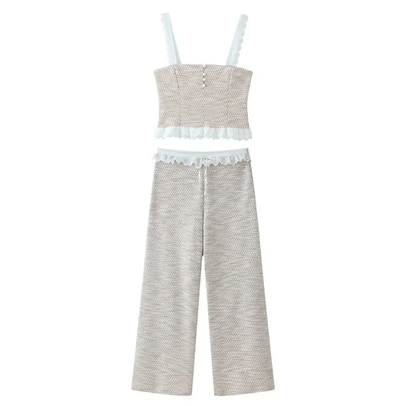 

Women's Tweed 2-Piece Outfit Lace Trim Cami Top + Loose Wide Leg Pants Elegant Casual Daily Co-ord Set with Bow Detail