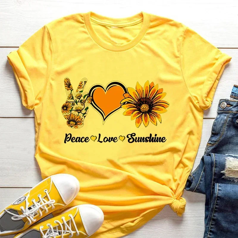 Sunflower Bee Kind Yellow Women T-shirt Aesthetics Graphic Short Sleeve Cotton Polyester T Shirts Female Camisetas Verano Mujer