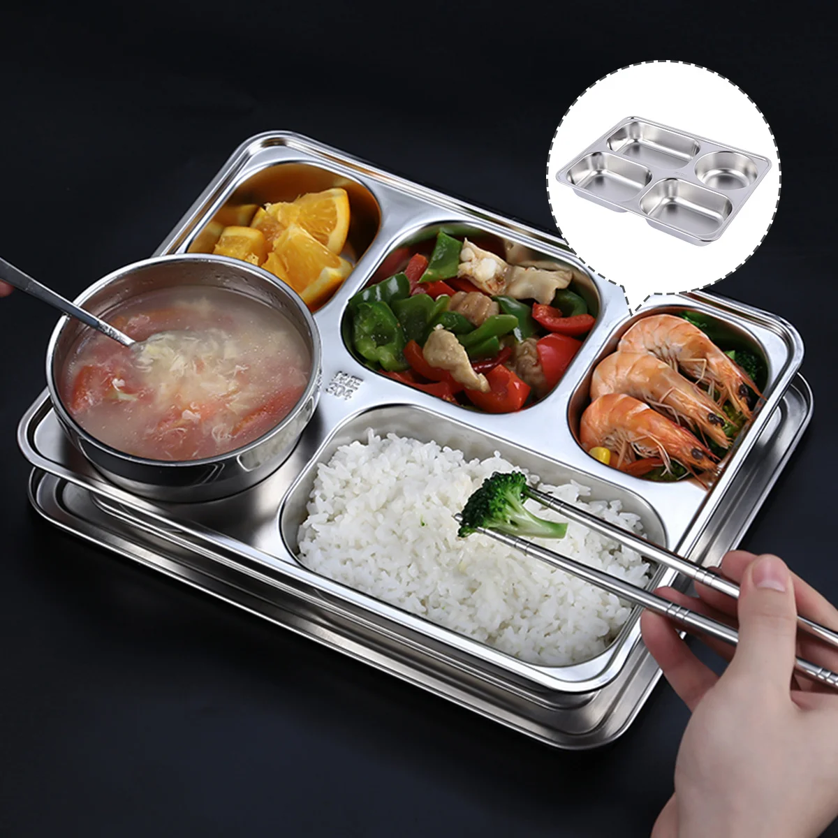 

1Pcs Stainless Steel Sub-Grid Plate Thickened Canteen Snack Tray Tableware Sub-Grid Plate
