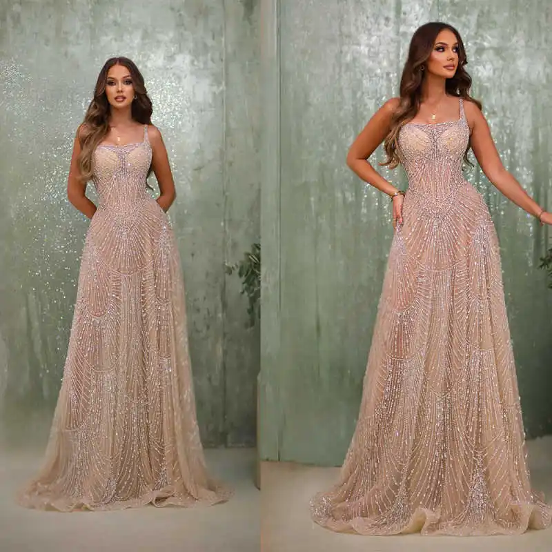 

Pink Graceful Evening Dresses Designer With Spaghetti Strap Crystals Prom Dress Sequins Floor-Length Dress Customized