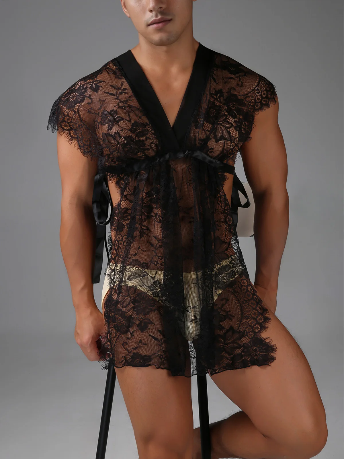 

Sexy Lace Dress Ultra Thin Erotic Nightdress Men Women Clothing Transparent Mesh Lingerie V-Neck Pajamas