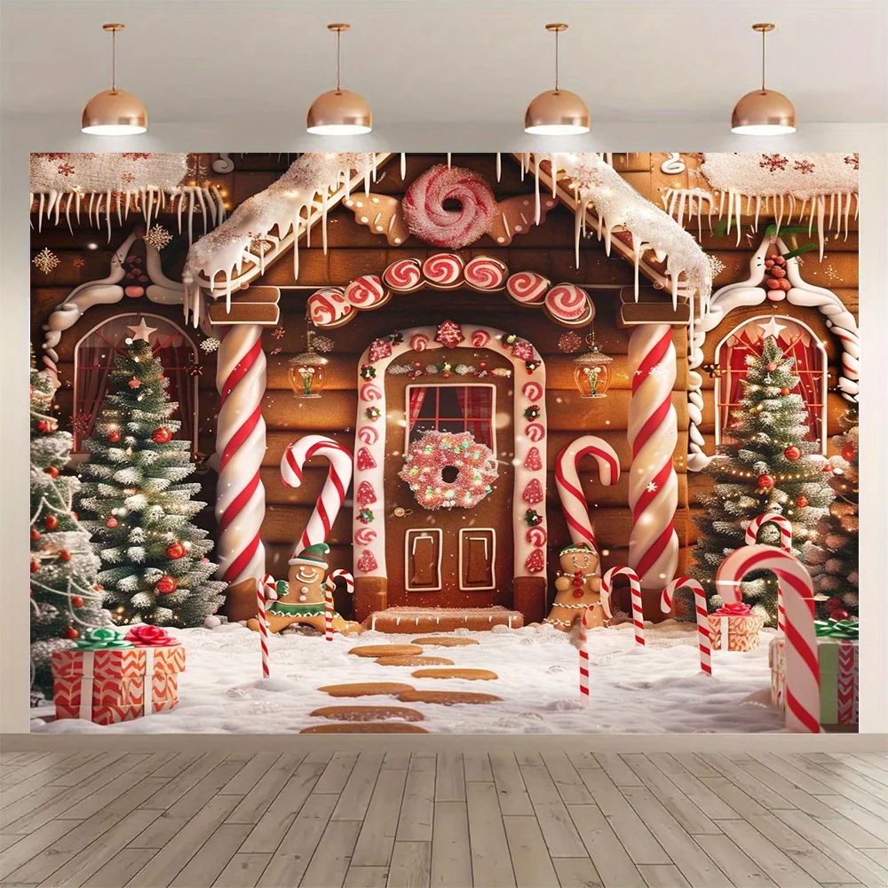 Christmas gingerbread house and snow tree party background fabric - multifunctional polyester decoration