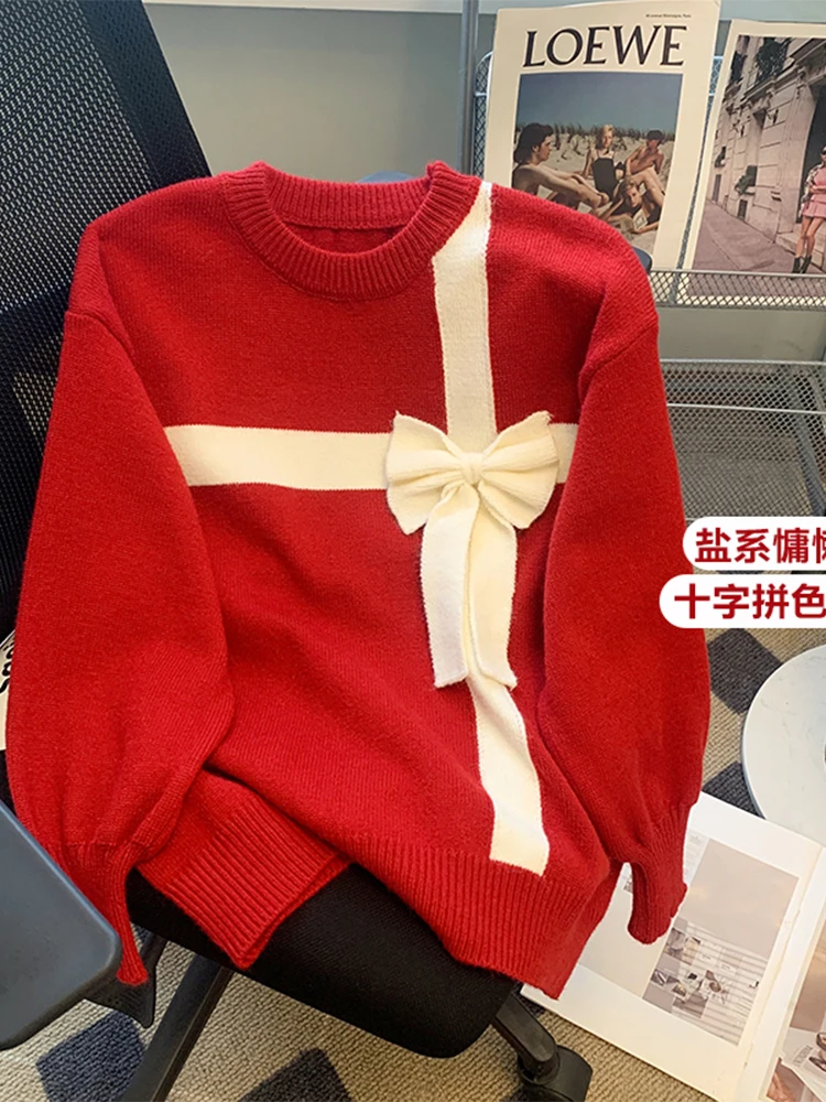 

Женский рождественский красный пуловер с круглым вырезом, свитер Harajuku Y2k, вязаные кашемировые свитера с длинными рукавами, винтажная одежда 2000-х годов, осень 2024 г.