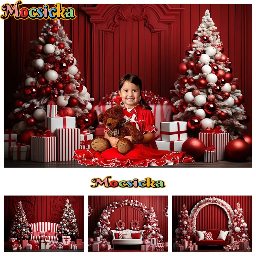 

Mocsicka Christmas Sofa Photography Backdrops Red Wall Decorations Xmas Tree Gift Children Baby Birthday Photo Background Studio