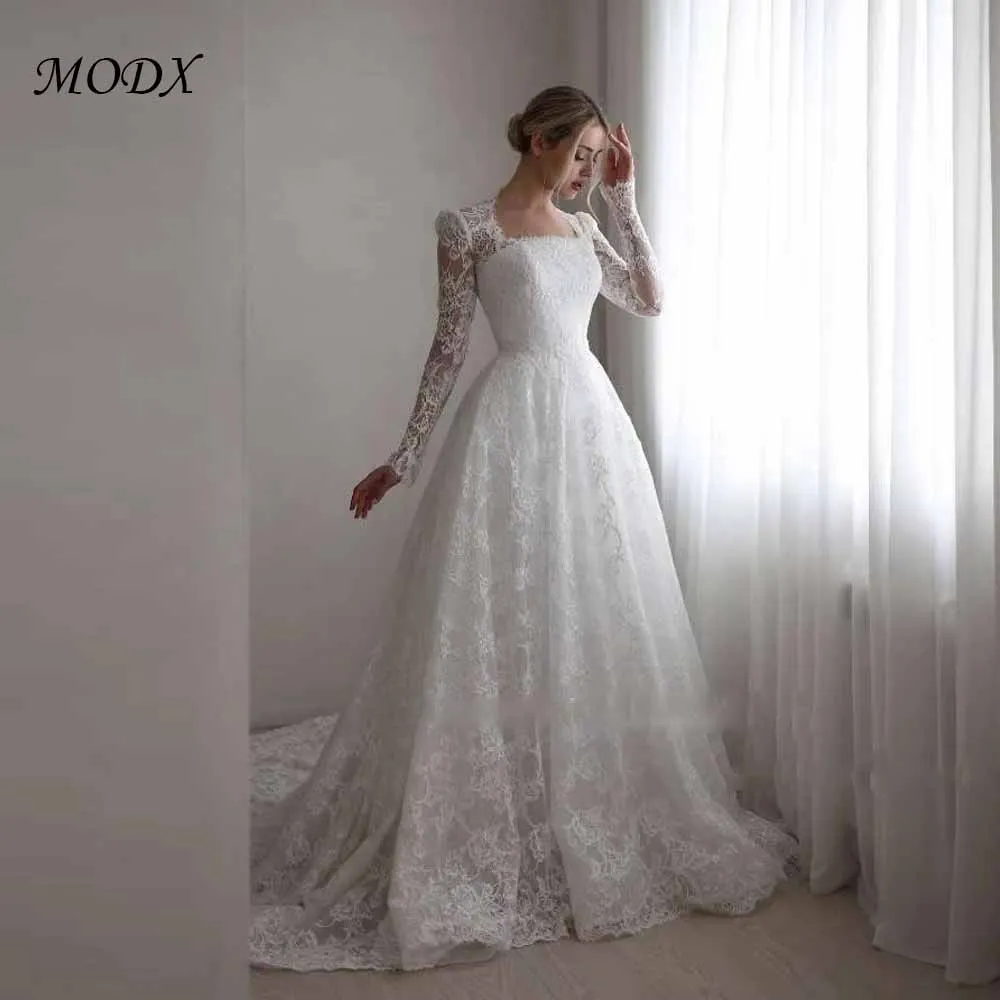 MODX Modest A Line Full Lace Wedding Dresses Long Sleeves Square Neck Sweep Train Dubai Arabic Bridal Gowns Robe de mariage