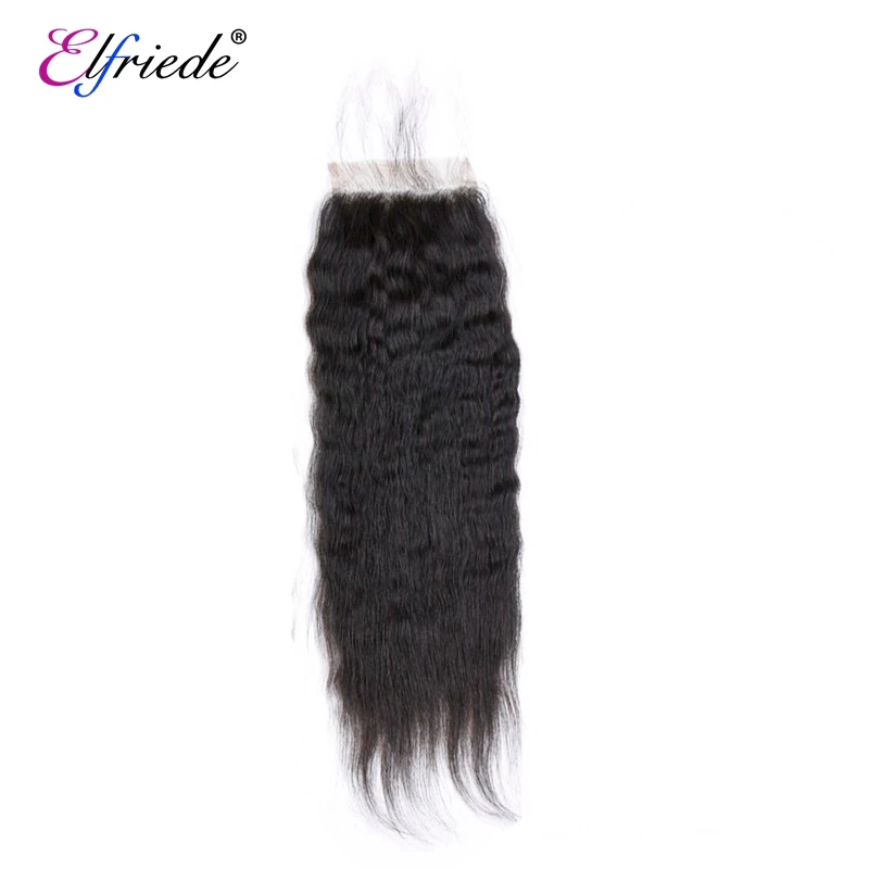 Elfriede Natural Black Bundles with Closure Kinky Straight 100% Brazilian Remy Human Hair Weaves 3 Bundles with 4X4 Lace Closure