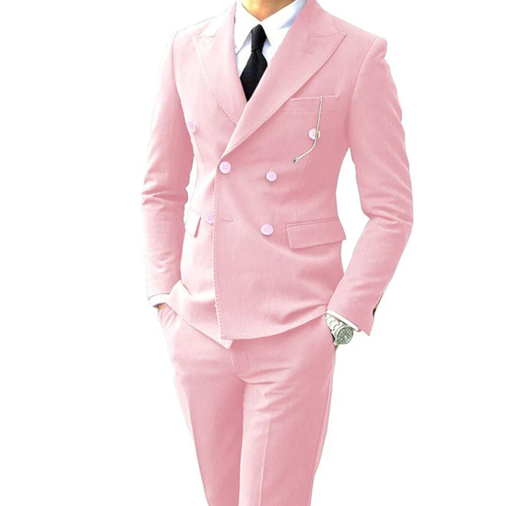 High Quality Men Suit for Wedding 2024 Pink Double Breasted Peak Lapel Blazer Formal Occasion 2 Piece Jacket Pants Male Clothing