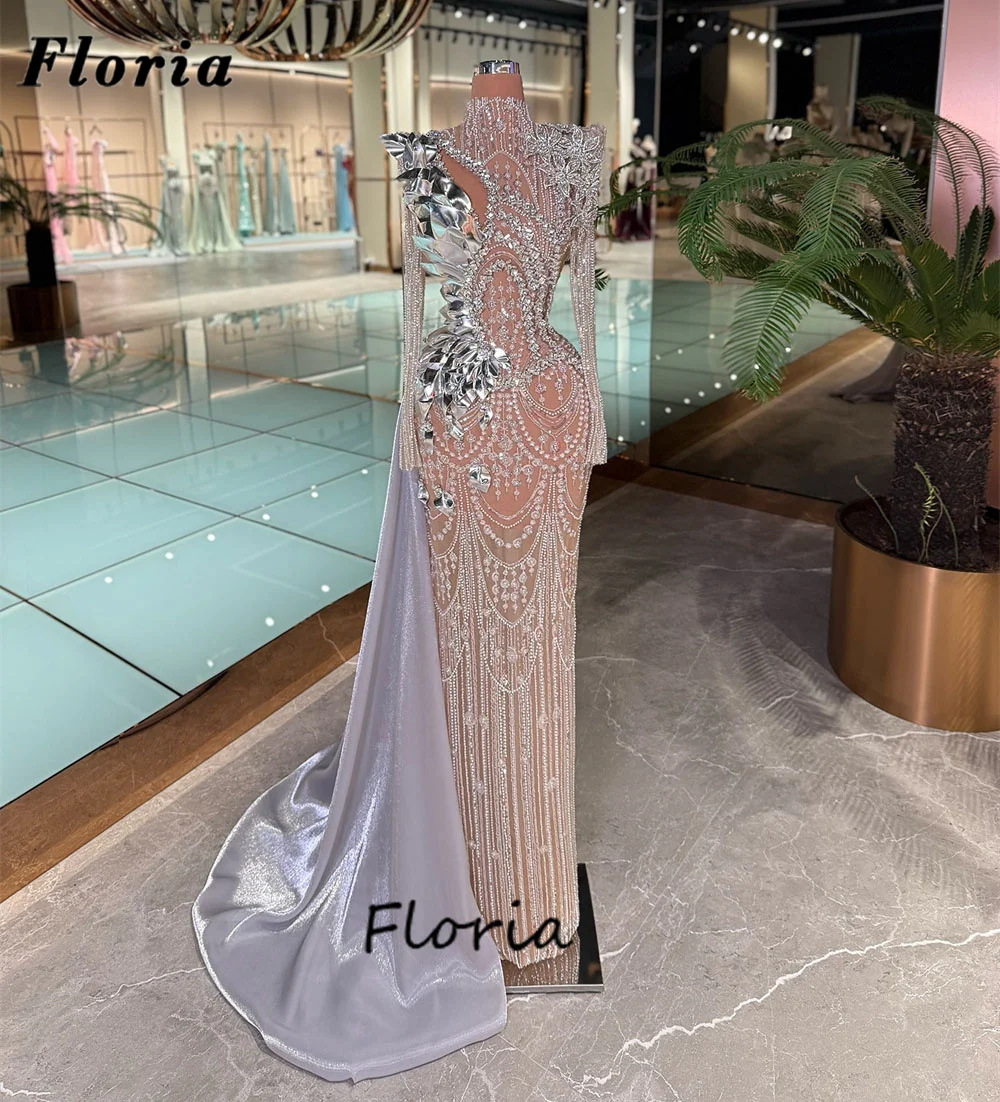 

Элегантные серебряные иллюзионные вечерние платья в арабском стиле с длинными рукавами и бисером, свадебные платья, Vestidos De Noche, платье для выпускного вечера по индивидуальному заказу