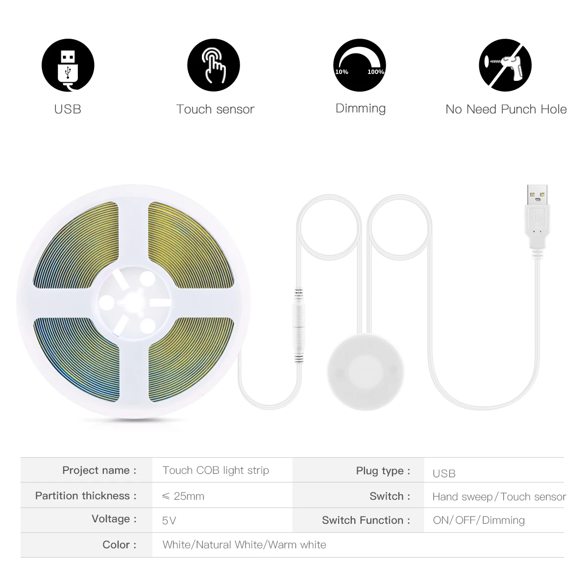 Możliwość przyciemniania USB 5V COB LED listwa oświetleniowa penetruj przegroda czujnik dotykowy przełącznik ściemniacz DIY szafka kuchenna