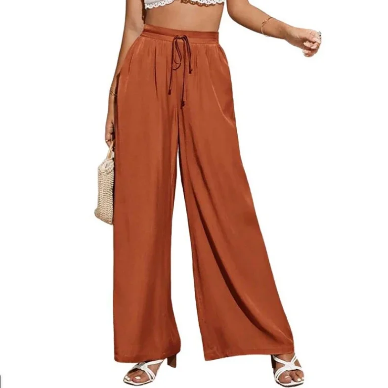 

Fashion Women's Clothing Summer New Lacing Splicing Pockets Solid Color High Waist Trousers Casual Grey Loose Wide Leg Pants