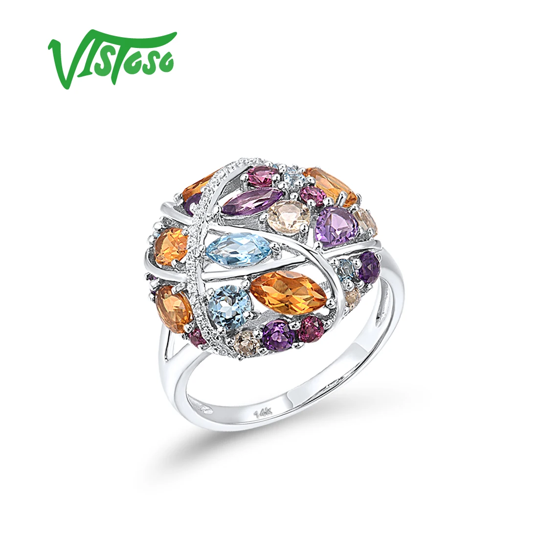 VISTOSO 14K 585 White Gold Ring For Women Amethyst Citrine Lemon Quartz Topaz Diamond Multi-Color Gems Wedding Gift Fine Jewelry